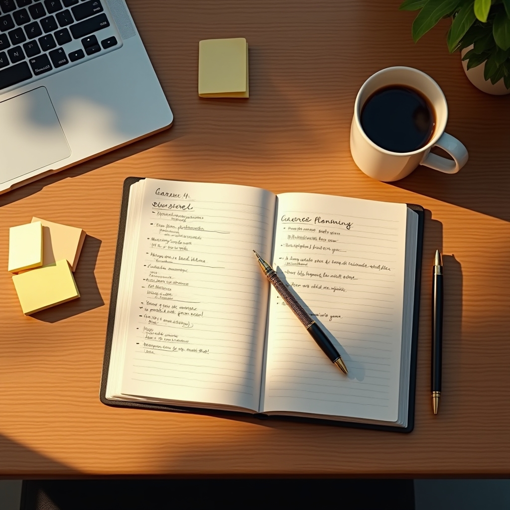 Overhead shot of a neat desk with career planning documents, a pen, and a coffee cup