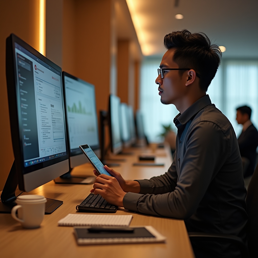 Professional using digital productivity tools on dual screens