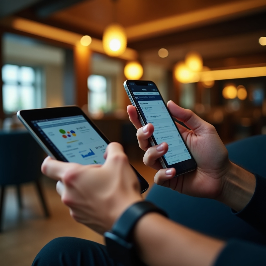 Close-up of hands using a tablet and smartphone simultaneously to manage work tasks