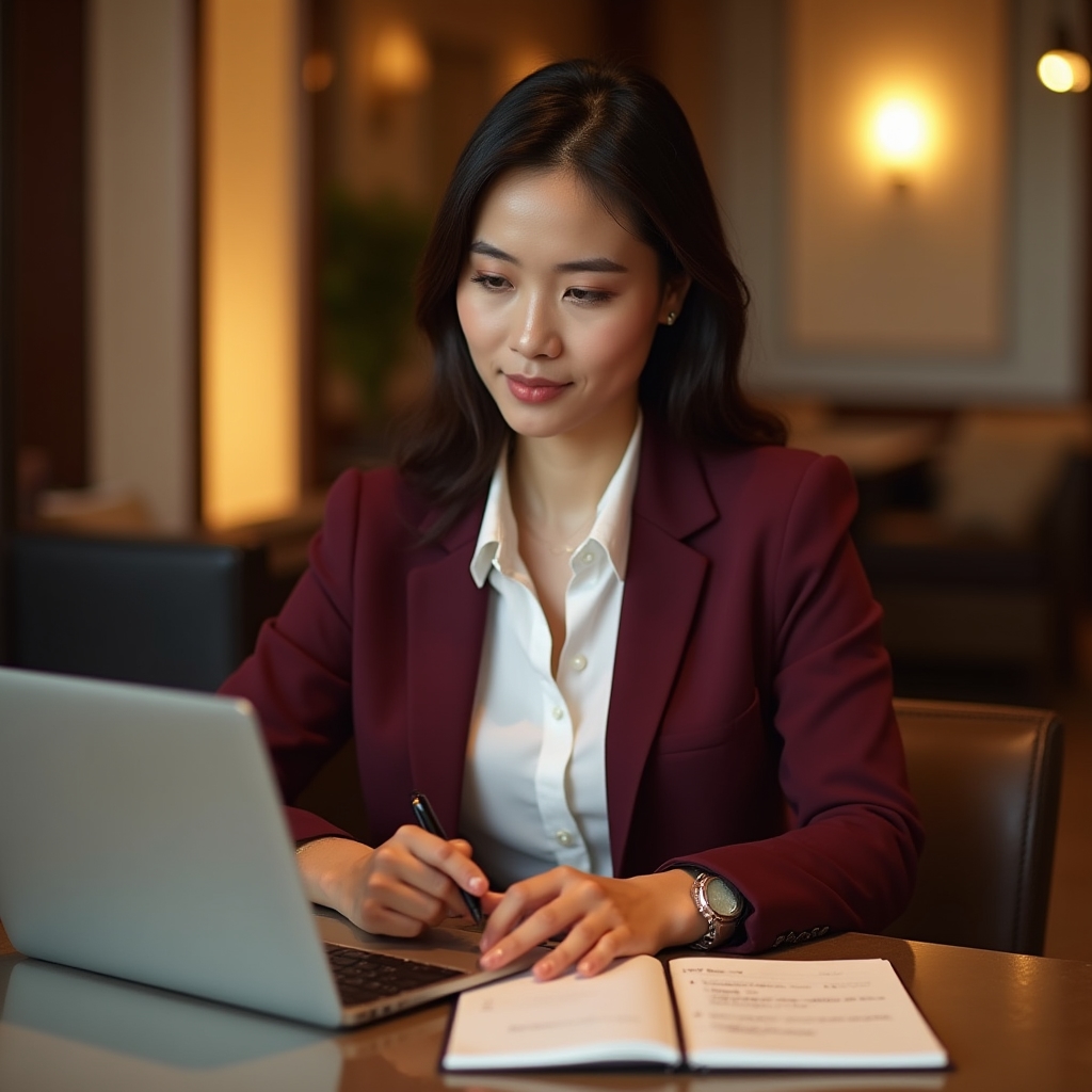 Professional reviewing email drafts on a laptop with a notepad nearby