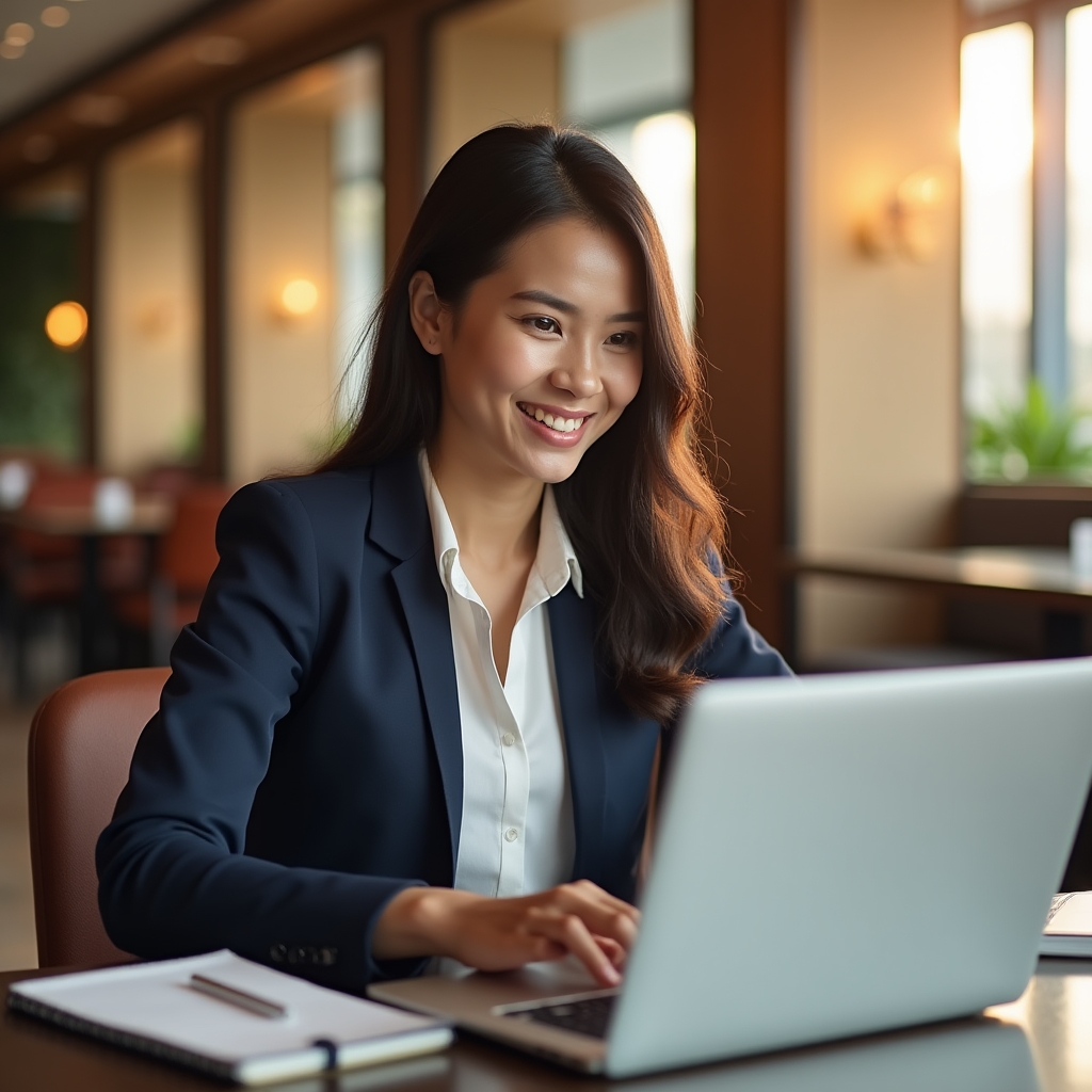 Malaysian professional studying on laptop in modern workspace