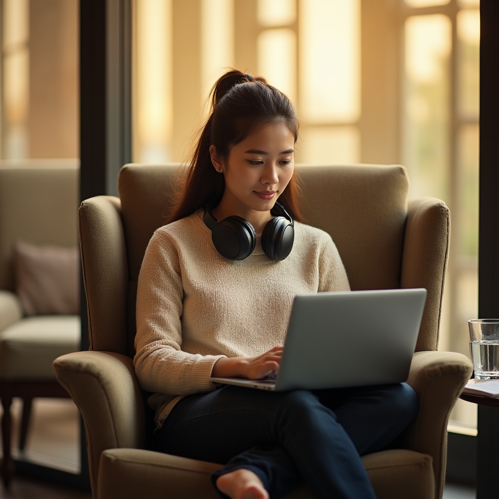 Professional woman studying a course module on a laptop in a quiet home office