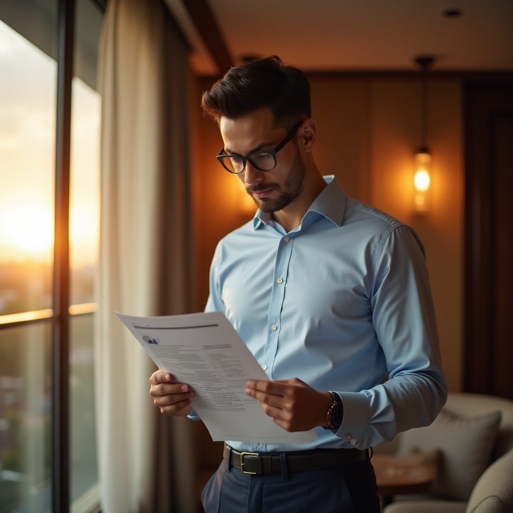 Malaysian male professional in business casual attire reviewing career development notes